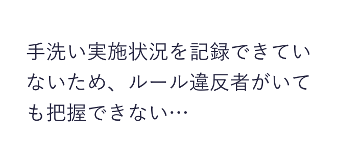 手洗い実施状況を記録できていないため、ルール違反者がいても把握できない…