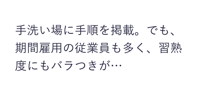 手洗い場に手順を掲載。でも、期間雇用の従業員も多く、習熟度にもバラつきが…